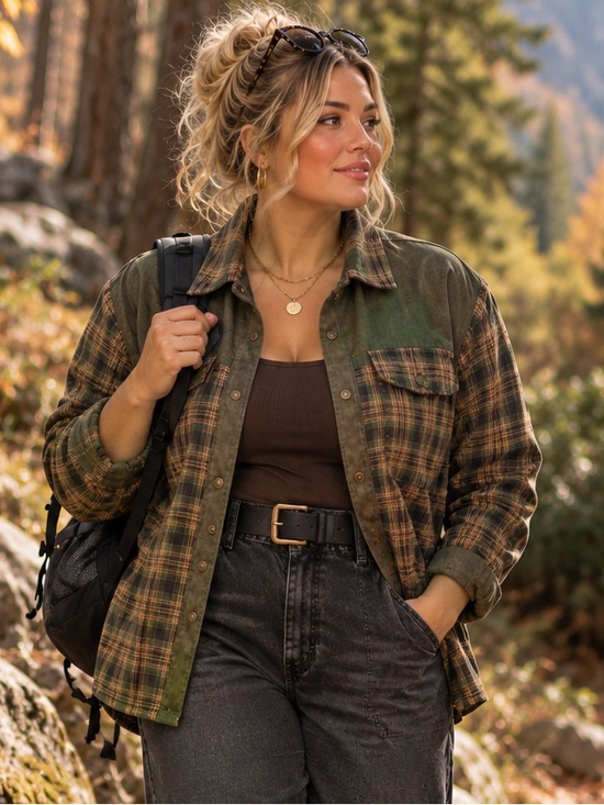 SHEIN Jackets & Blazers - Olive Green Brown Plaid Sherpa Lined Flannel Shacket Barn Jacket 100% Cotton